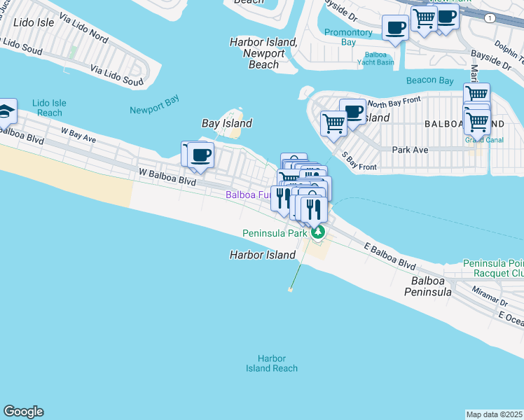 map of restaurants, bars, coffee shops, grocery stores, and more near 319 East Balboa Boulevard in Newport Beach