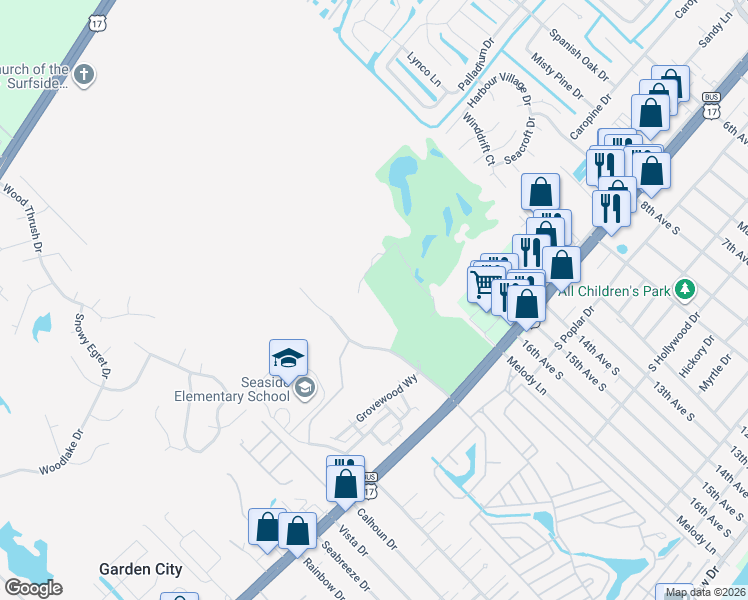 map of restaurants, bars, coffee shops, grocery stores, and more near 1107 Louise Costin Lane in Murrells Inlet