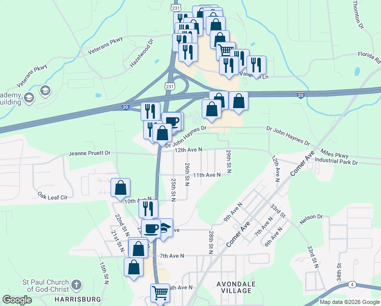 map of restaurants, bars, coffee shops, grocery stores, and more near 1140 26th Street North in Pell City