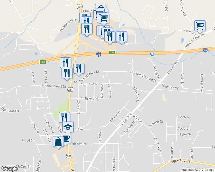 map of restaurants, bars, coffee shops, grocery stores, and more near 2816 12th Avenue North in Pell City