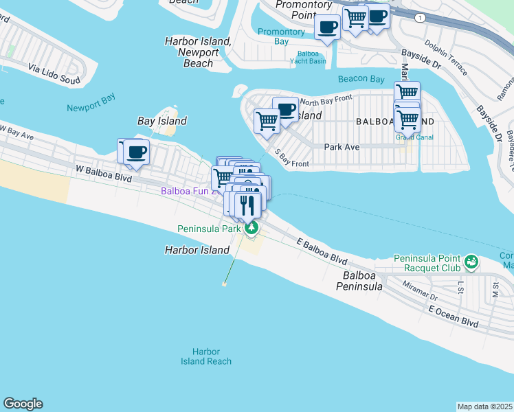 map of restaurants, bars, coffee shops, grocery stores, and more near 111 Main Street in Newport Beach