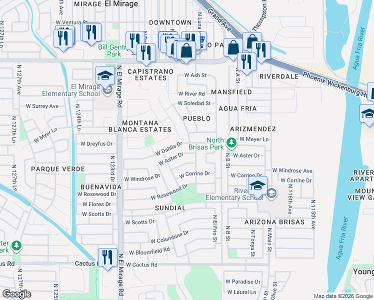 map of restaurants, bars, coffee shops, grocery stores, and more near 12018 West Aster Drive in El Mirage