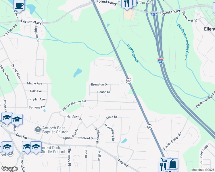 map of restaurants, bars, coffee shops, grocery stores, and more near 2655 Brenston Drive in Ellenwood