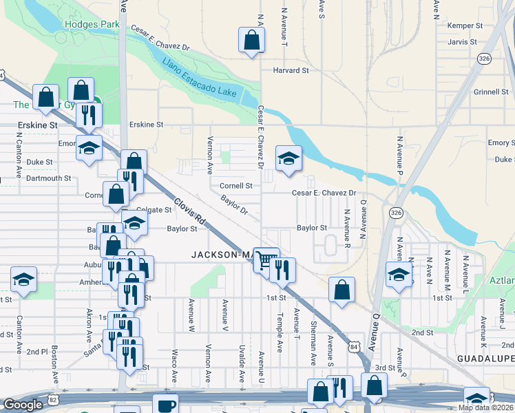 map of restaurants, bars, coffee shops, grocery stores, and more near 2102 Colgate Street in Lubbock