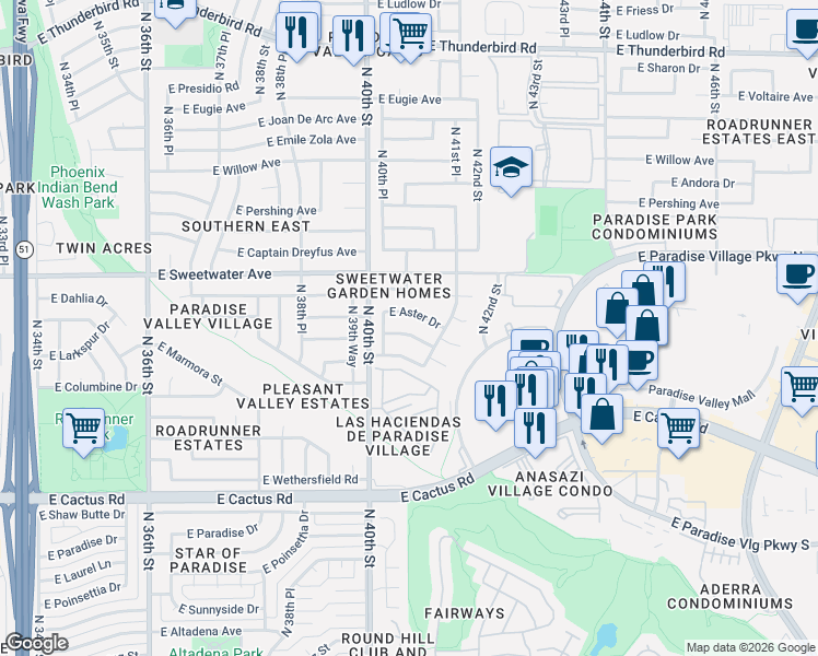 map of restaurants, bars, coffee shops, grocery stores, and more near 4031 East Aster Drive in Phoenix