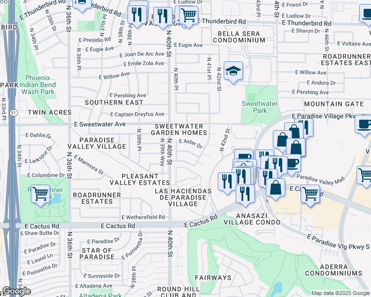 map of restaurants, bars, coffee shops, grocery stores, and more near 4031 East Aster Drive in Phoenix