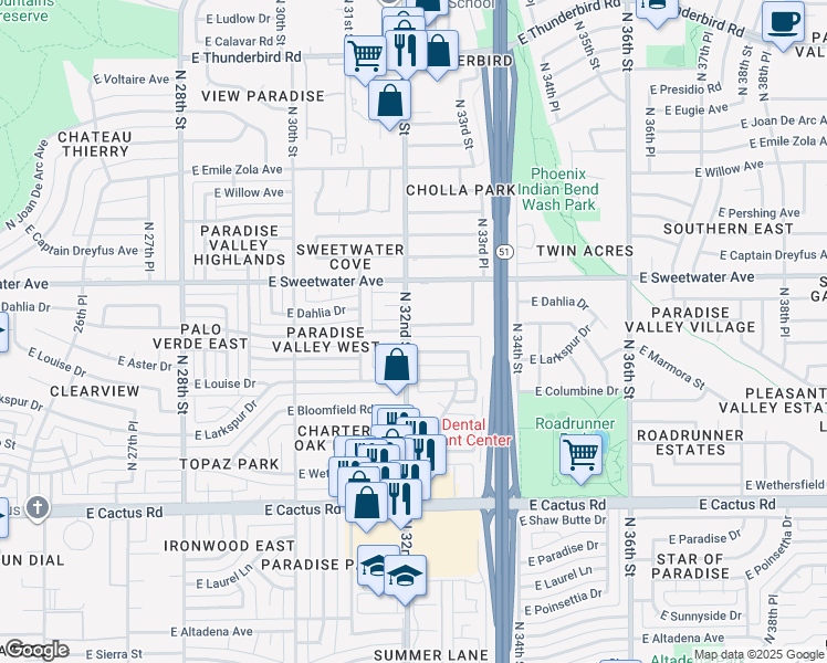 map of restaurants, bars, coffee shops, grocery stores, and more near 3216 East Windrose Drive in Phoenix