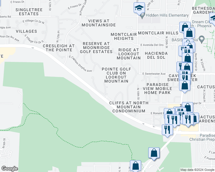 map of restaurants, bars, coffee shops, grocery stores, and more near 1550 East Thunderbird Road in Phoenix