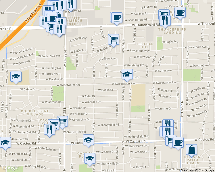 map of restaurants, bars, coffee shops, grocery stores, and more near 8008 West Sweetwater Avenue in Peoria