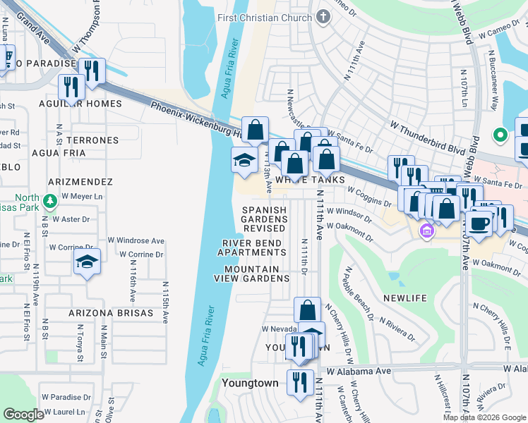 map of restaurants, bars, coffee shops, grocery stores, and more near in Youngtown