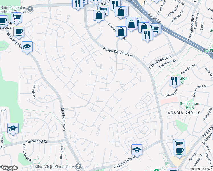 map of restaurants, bars, coffee shops, grocery stores, and more near 109 Via Estrada in Laguna Woods