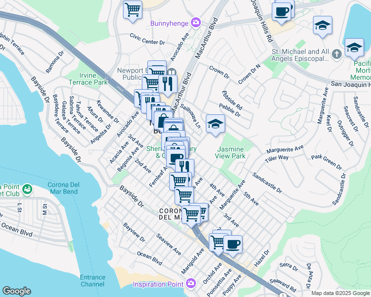 map of restaurants, bars, coffee shops, grocery stores, and more near 2726 Point Del Mar in Newport Beach