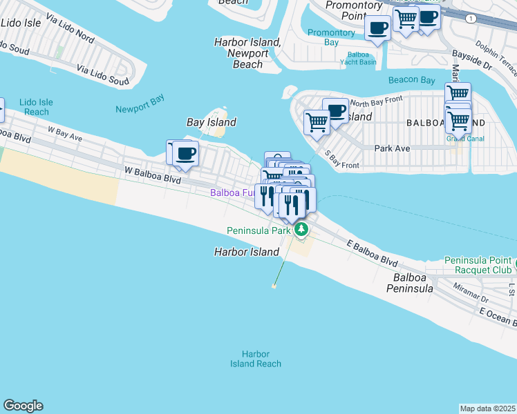 map of restaurants, bars, coffee shops, grocery stores, and more near 204 Adams Street in Newport Beach