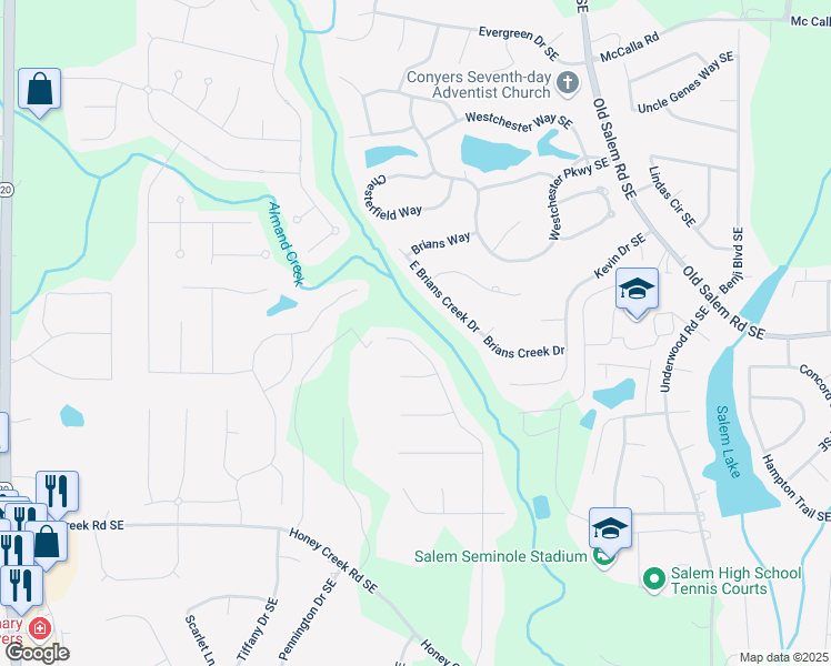 map of restaurants, bars, coffee shops, grocery stores, and more near 3766 Windy Hill Drive Southeast in Conyers