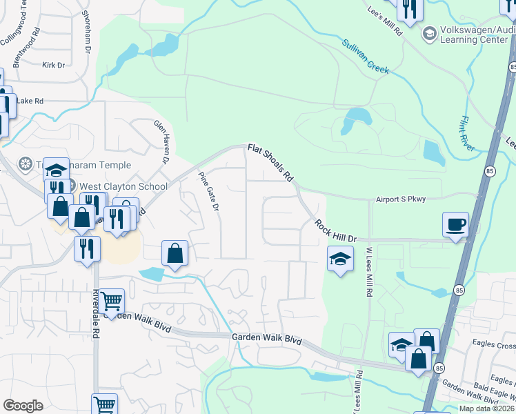 map of restaurants, bars, coffee shops, grocery stores, and more near 5573 Rock Shoals Way in Atlanta
