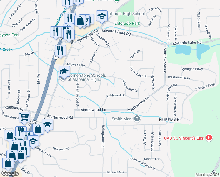 map of restaurants, bars, coffee shops, grocery stores, and more near 912 Winchester Circle in Birmingham