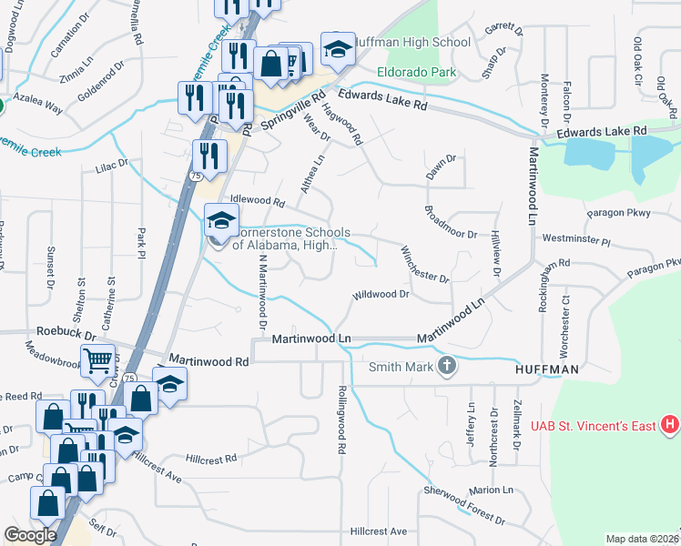 map of restaurants, bars, coffee shops, grocery stores, and more near 969 Ridgewood Circle in Birmingham