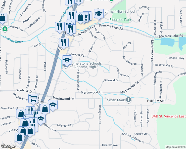 map of restaurants, bars, coffee shops, grocery stores, and more near 969 Ridgewood Circle in Birmingham