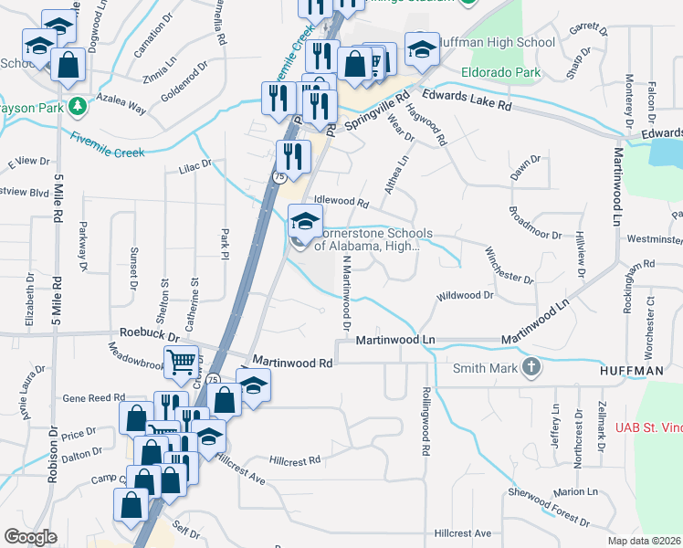 map of restaurants, bars, coffee shops, grocery stores, and more near 943 North Martinwood Drive in Birmingham
