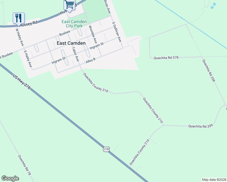 map of restaurants, bars, coffee shops, grocery stores, and more near 300-500 Ouachita Road 210 in Camden