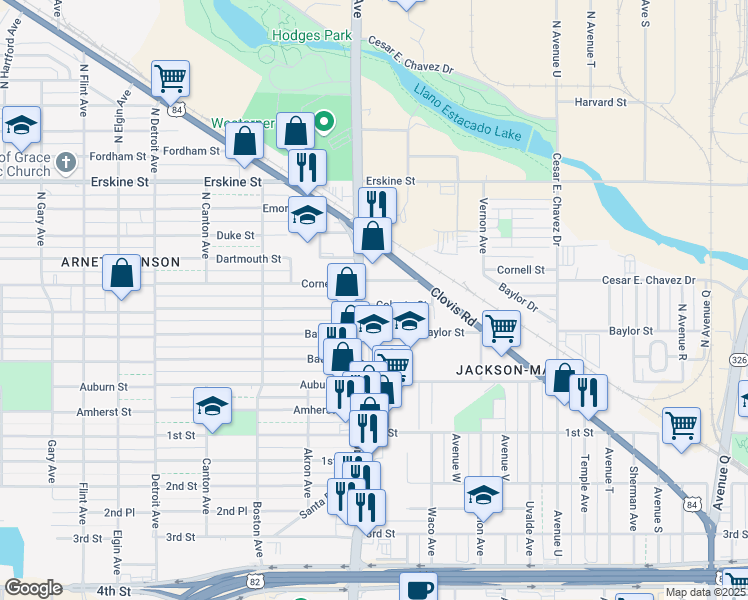 map of restaurants, bars, coffee shops, grocery stores, and more near 2418 Colgate Street in Lubbock