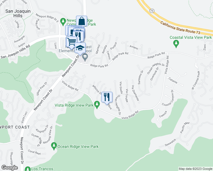 map of restaurants, bars, coffee shops, grocery stores, and more near 11 Ultima Drive in Newport Beach