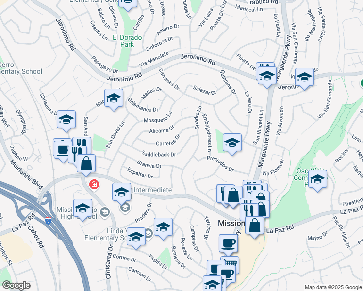 map of restaurants, bars, coffee shops, grocery stores, and more near 26761 Saddleback Drive in Mission Viejo