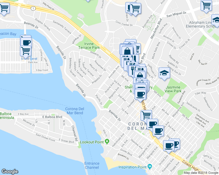 map of restaurants, bars, coffee shops, grocery stores, and more near 2nd Avenue & Acacia Avenue in Newport Beach