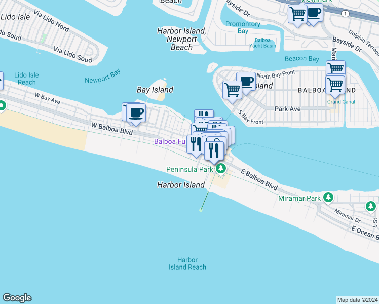 map of restaurants, bars, coffee shops, grocery stores, and more near 421 East Balboa Boulevard in Newport Beach