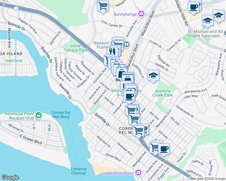 map of restaurants, bars, coffee shops, grocery stores, and more near 603 Carnation Avenue in Newport Beach