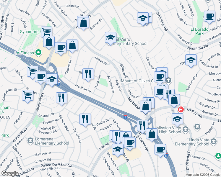 map of restaurants, bars, coffee shops, grocery stores, and more near 24755 Acropolis Drive in Mission Viejo