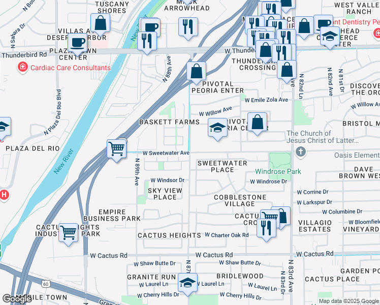 map of restaurants, bars, coffee shops, grocery stores, and more near North 87th Avenue & West Sweetwater Avenue in Peoria