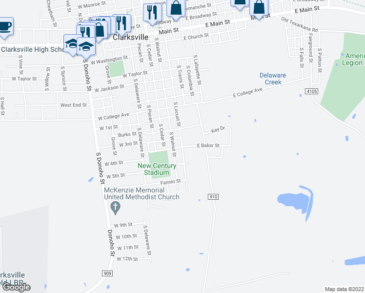 map of restaurants, bars, coffee shops, grocery stores, and more near 101 East Baker Street in Clarksville