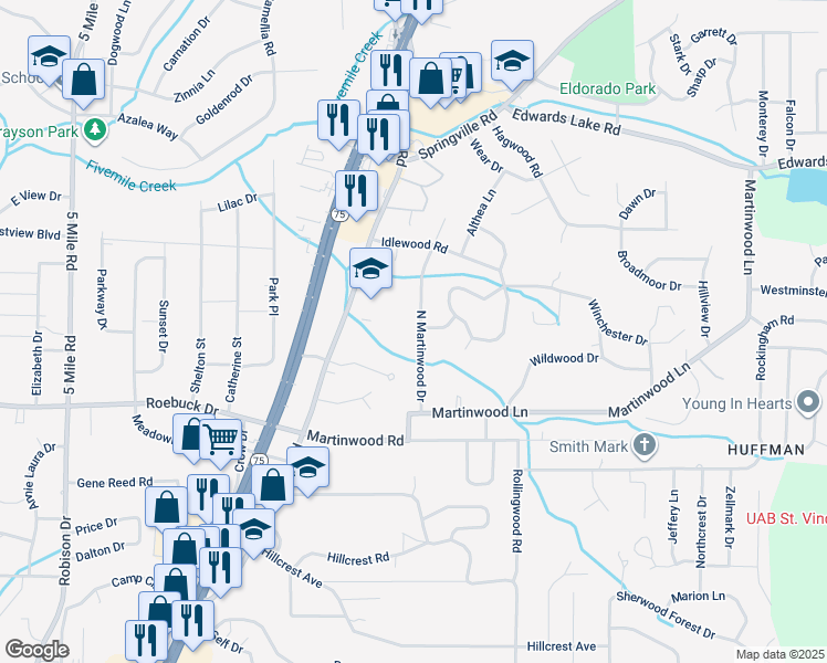 map of restaurants, bars, coffee shops, grocery stores, and more near 936 North Martinwood Drive in Birmingham