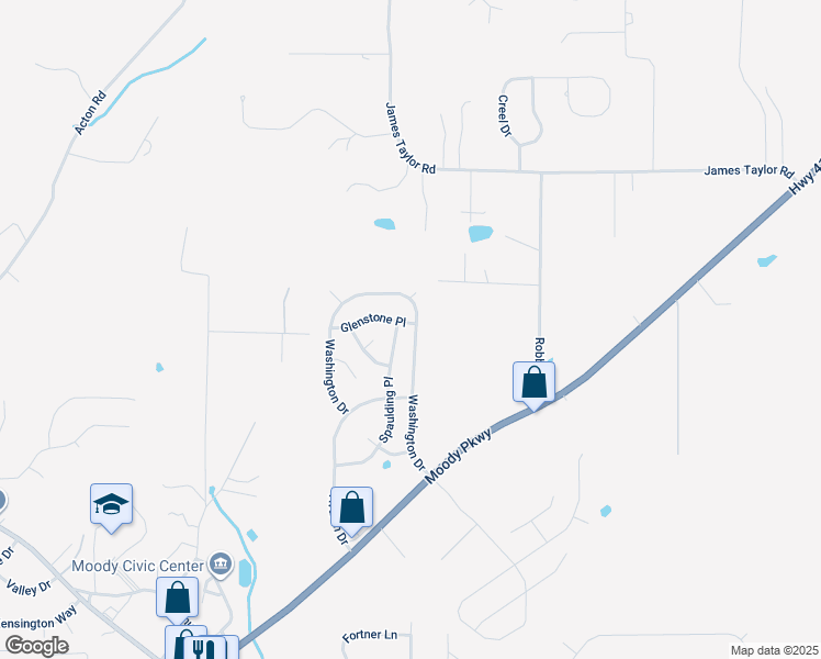 map of restaurants, bars, coffee shops, grocery stores, and more near 1151 Washington Drive in Moody