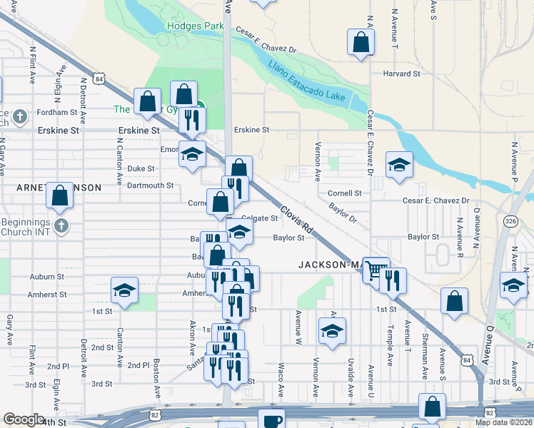 map of restaurants, bars, coffee shops, grocery stores, and more near 2322 Colgate Street in Lubbock
