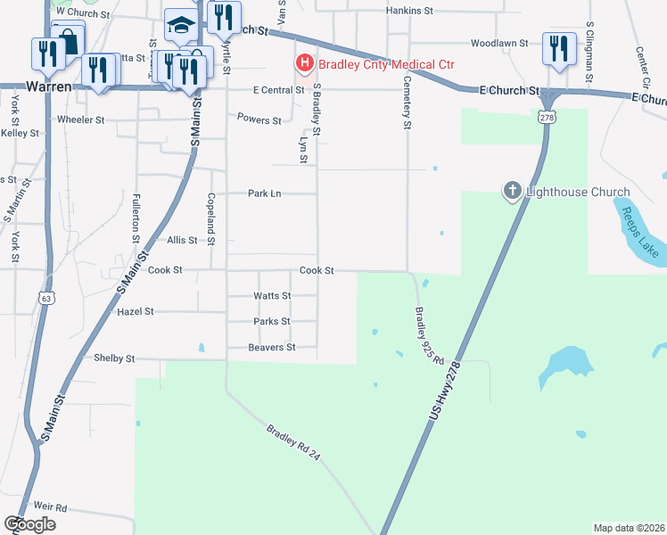map of restaurants, bars, coffee shops, grocery stores, and more near 604 Cook Street in Warren