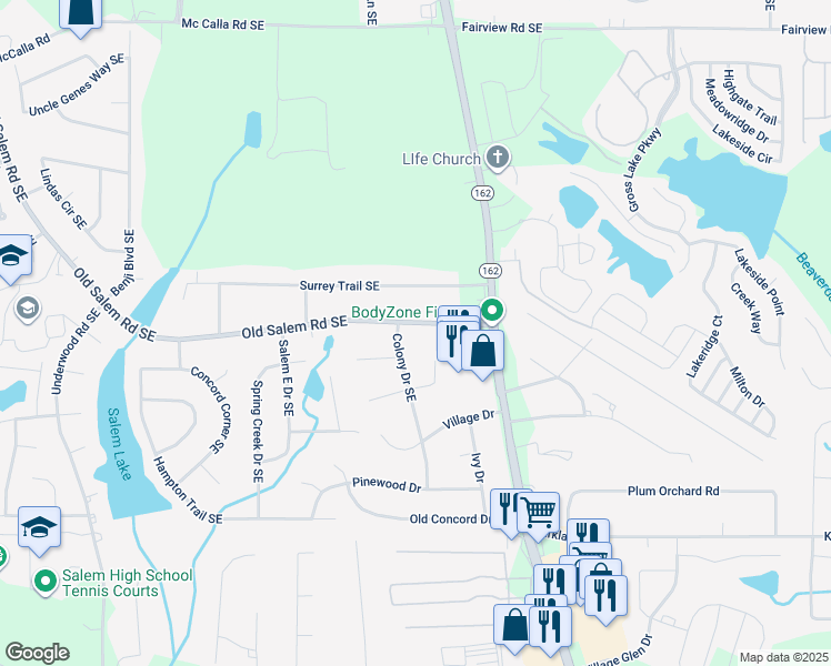 map of restaurants, bars, coffee shops, grocery stores, and more near 3333 Old Salem Road Southeast in Conyers