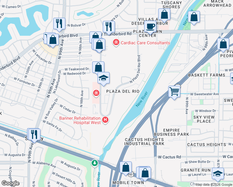 map of restaurants, bars, coffee shops, grocery stores, and more near 13084 North 91st Lane in Peoria