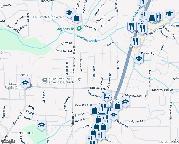 map of restaurants, bars, coffee shops, grocery stores, and more near 908 Sunset Drive in Birmingham