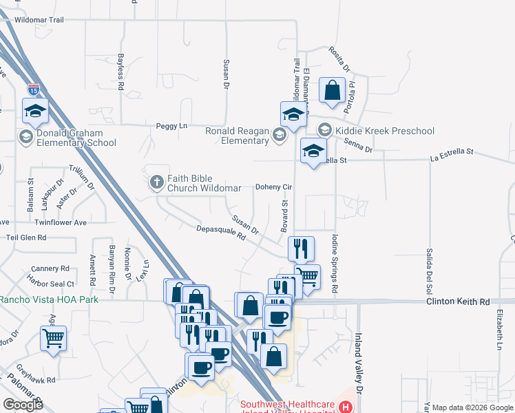 map of restaurants, bars, coffee shops, grocery stores, and more near 35646 Dulock Road in Wildomar
