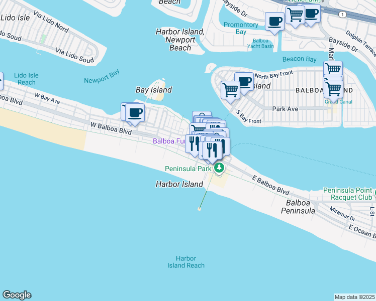 map of restaurants, bars, coffee shops, grocery stores, and more near 421 East Balboa Boulevard in Newport Beach