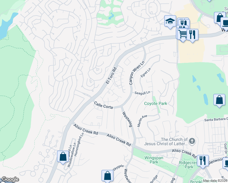 map of restaurants, bars, coffee shops, grocery stores, and more near 133 Nightingale Drive in Aliso Viejo