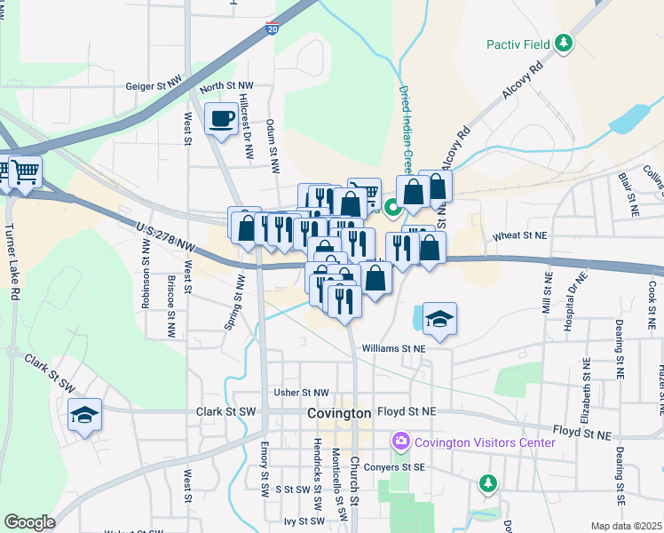 map of restaurants, bars, coffee shops, grocery stores, and more near U.S. 278 in Covington