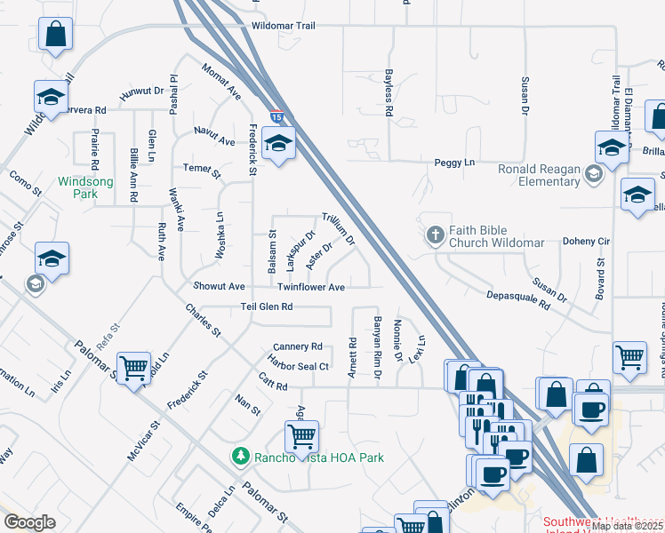 map of restaurants, bars, coffee shops, grocery stores, and more near Sunflower Way in Wildomar