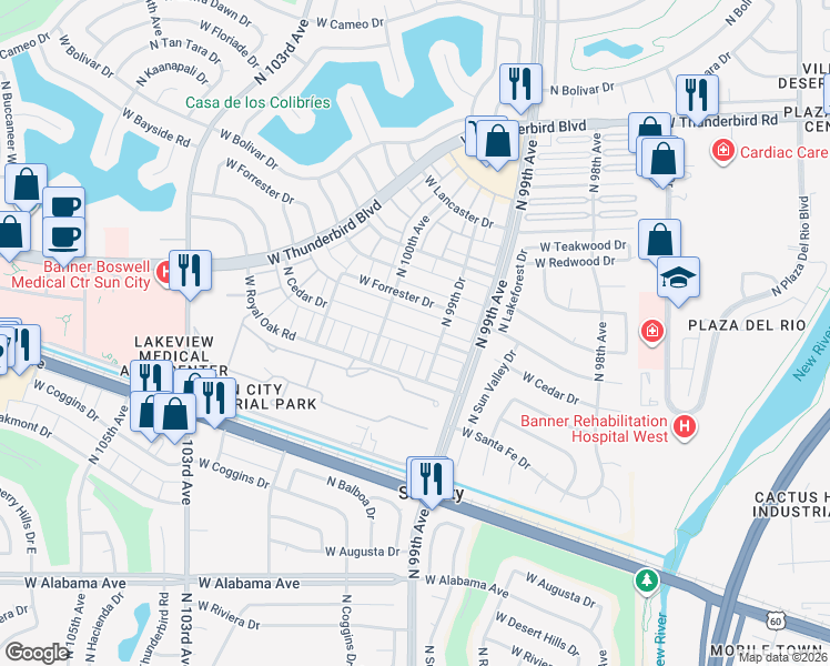map of restaurants, bars, coffee shops, grocery stores, and more near 13056 North 99th Drive in Sun City