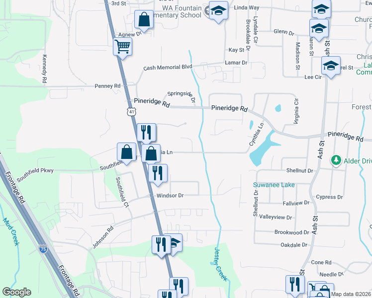 map of restaurants, bars, coffee shops, grocery stores, and more near 436 Cynthia Lane in Forest Park