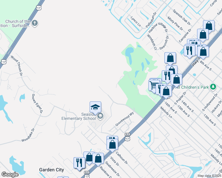 map of restaurants, bars, coffee shops, grocery stores, and more near 150 William Buckland Boulevard in Murrells Inlet