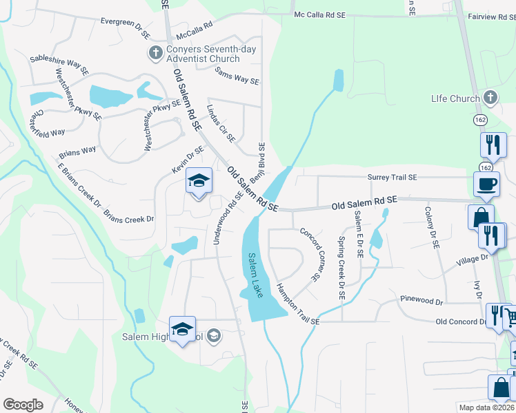 map of restaurants, bars, coffee shops, grocery stores, and more near 3255 Old Salem Road Southeast in Conyers