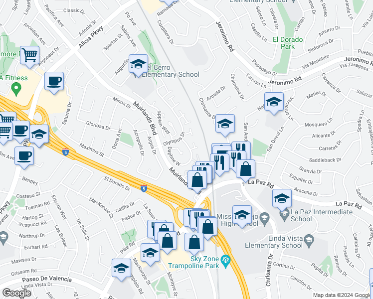 map of restaurants, bars, coffee shops, grocery stores, and more near 24751 Daphne West in Mission Viejo